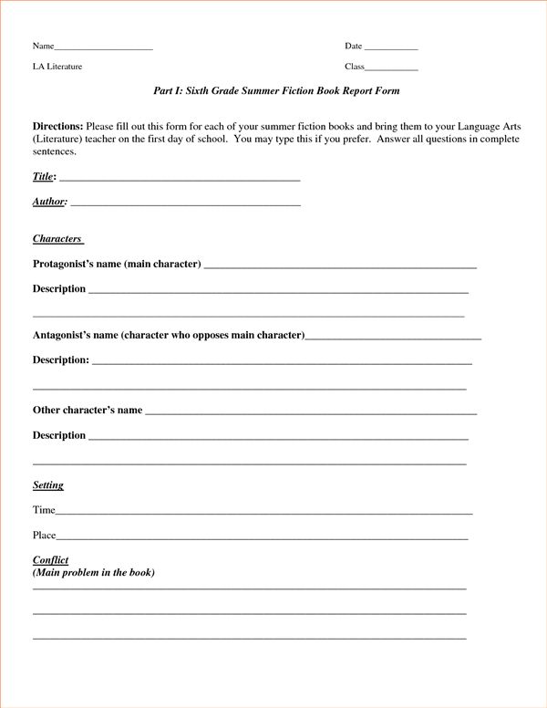 middle school book report form pdf
