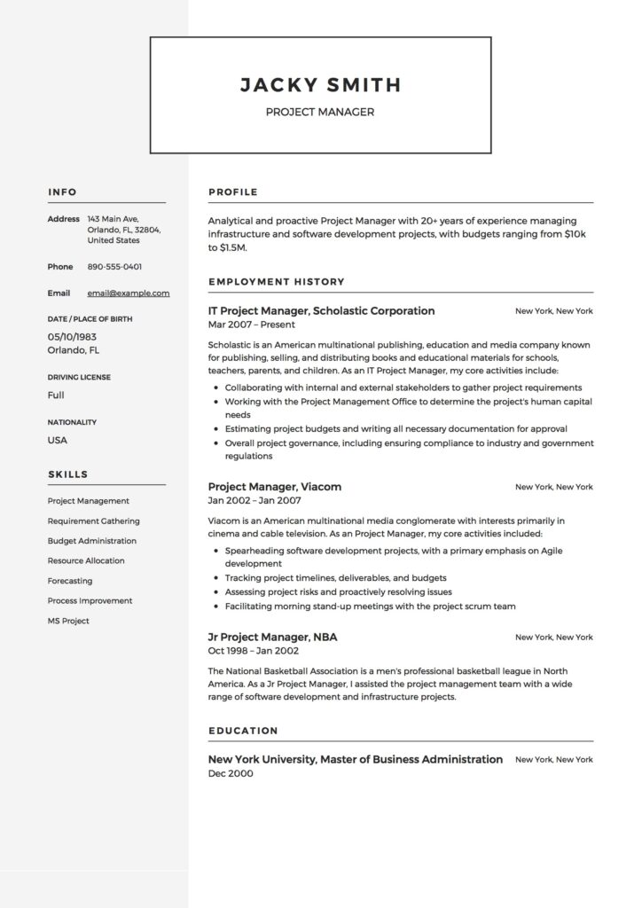 Resume Templates Project Manager (4) - TEMPLATES EXAMPLE | TEMPLATES ...