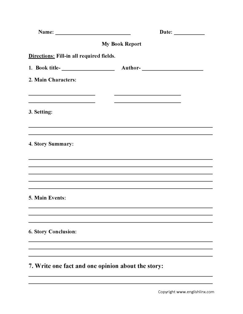 book report template for 7th grade